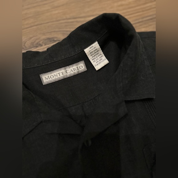 Monte Carlo linen blend black short-sleeved button up shirt with details - Picture 14 of 15